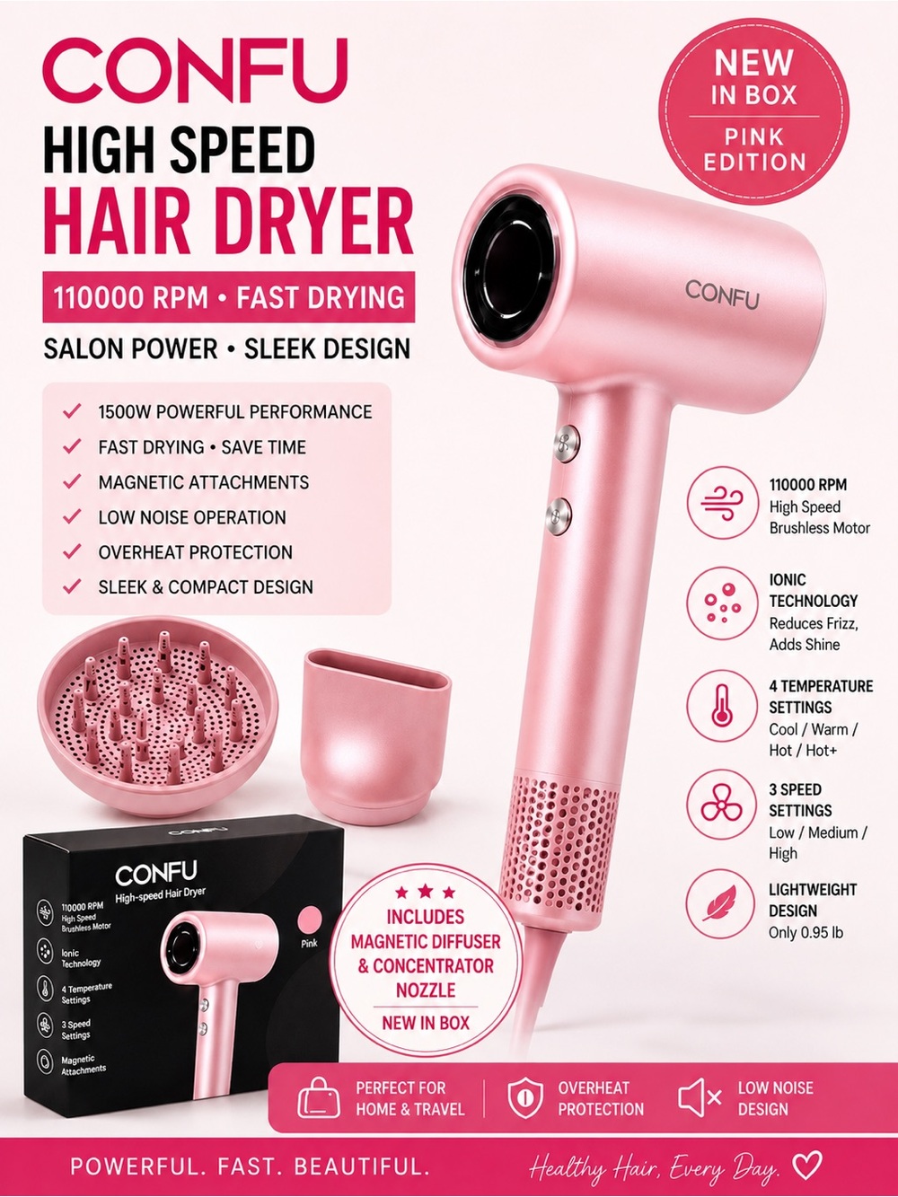 Pink High-Speed Hair Dryer with Magnetic Diffuser & Concentrator